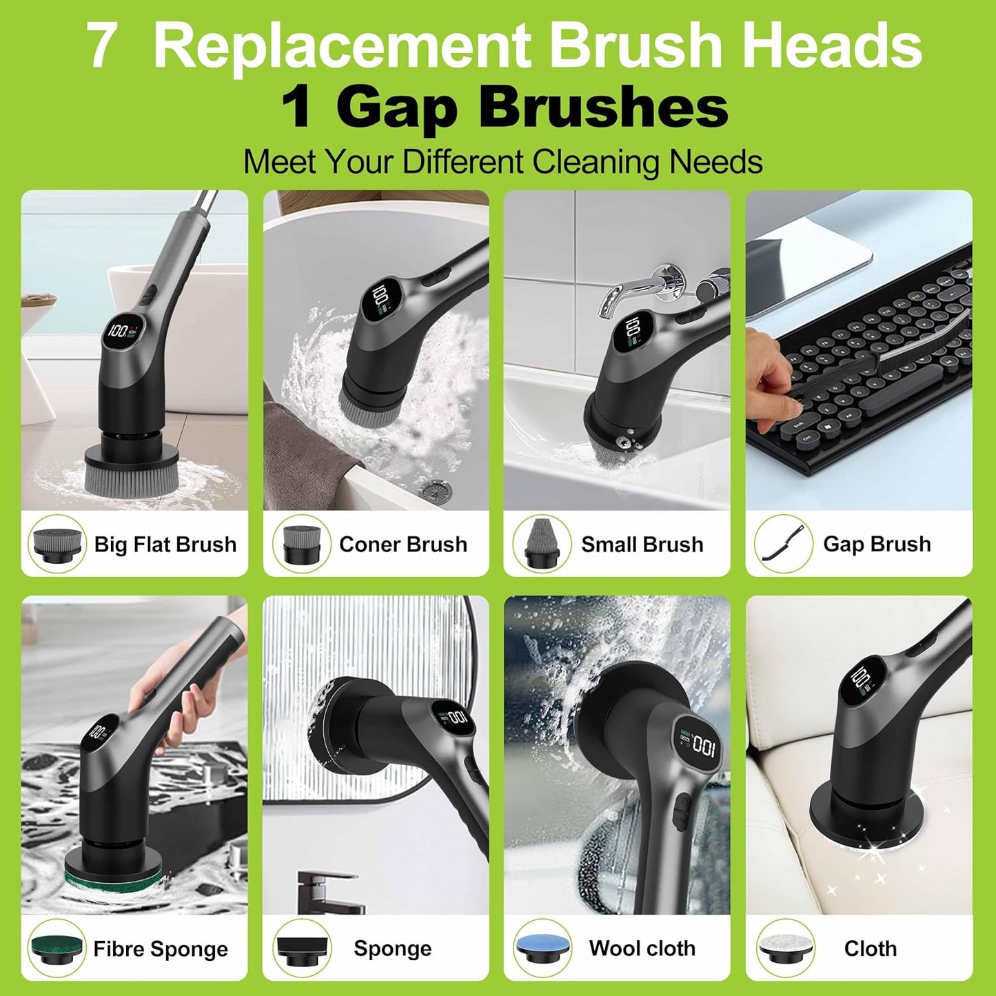 WKY-Electric Spin Scrubber - 10-in-1 Cordless Shower Scrubber & Cleaning Brush with Extendable Handle, 42 in-lbs Ultra High Torque, 2 Speeds, IPX7, LED Display, Smart AI Chip, for Bathroom, Kitchen