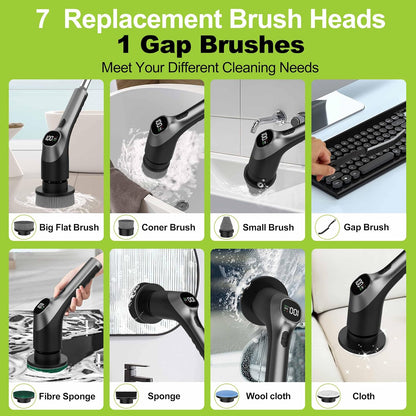 WKY-Electric Spin Scrubber - 10-in-1 Cordless Shower Scrubber & Cleaning Brush with Extendable Handle, 42 in-lbs Ultra High Torque, 2 Speeds, IPX7, LED Display, Smart AI Chip, for Bathroom, Kitchen