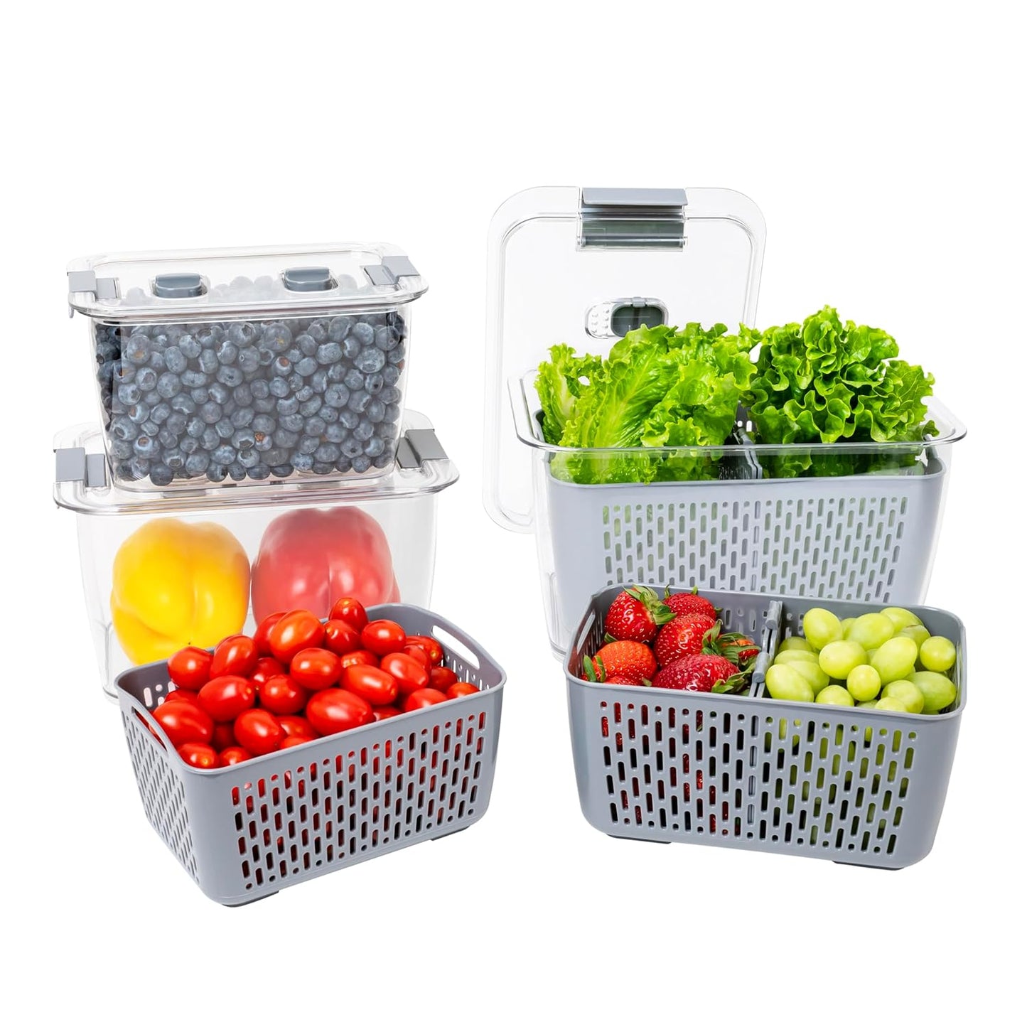 Kitchen Spaces Stackable Fridge Storage Colander Containers, Variety Pack | 3 Sizes to Store Fresh Produce, Organize Washed Fruits and Veggies, Snap and Seal Lids with Adjustable Vents, Hand Wash Only