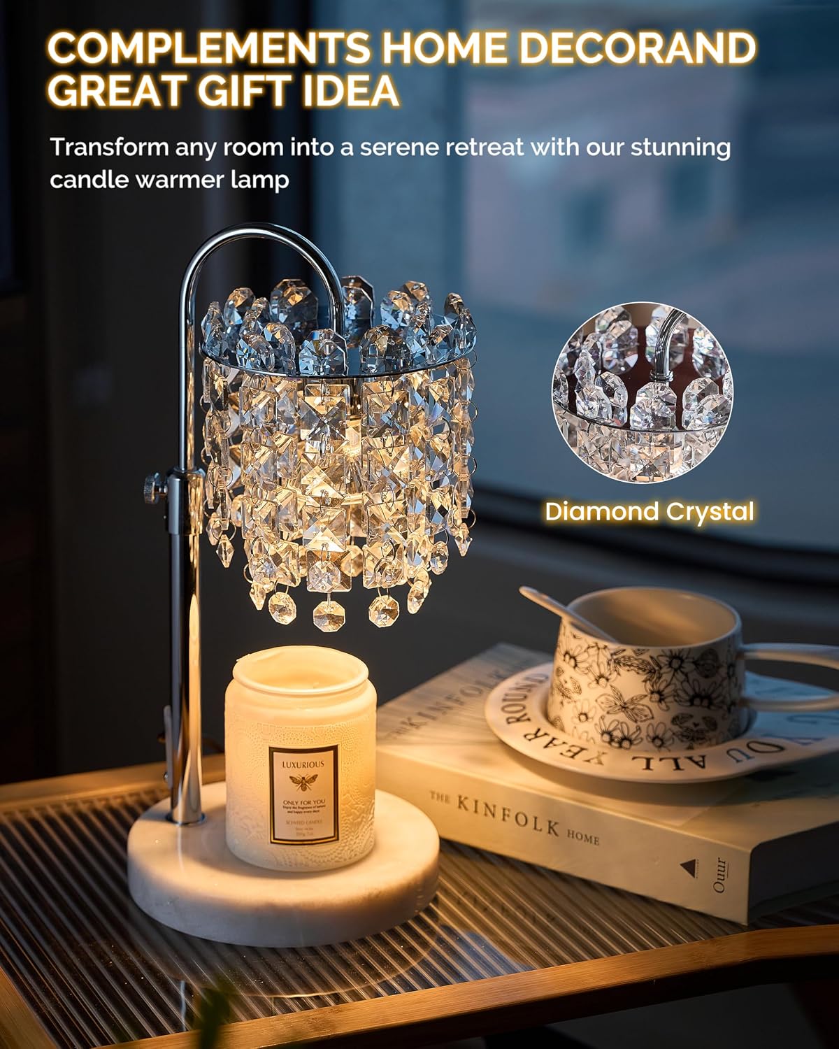 Candle Warmer Lamp with Timer Dimmer Adjustable Height Candle Warmer with Marble Base for Jar Candles,Candle Lamp with 3 Bulbs for New Home Decor, Women Mom Christmas Birthday Gifts, French Gold