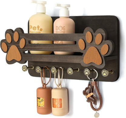 MTERSN Dog Leash Holder for Wall with Wall Shelf for Dog Lover, White | 3D Paw-print Design, Mail Holder for Wall with 6 Hooks for Dog Leash & Sunglasses, Put Dog Food Container, Rustic Home Decor