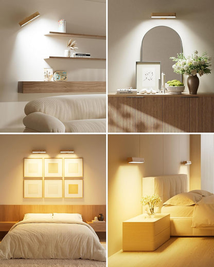 PopoIron Rechargeable LED Wall Sconces Set of Two,Wall Lights for Bedroom with Remote Control and Touch,360° Magnetic Rotation,3 Colors Dimmable Brightness Wood Wall Lamps with 15 RGB Colors,2 Pack