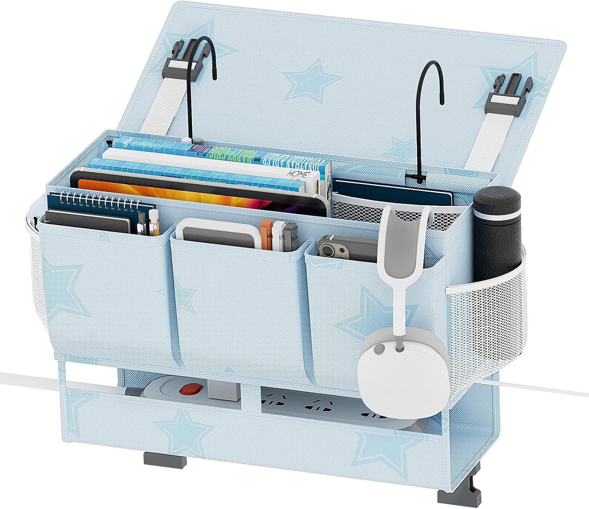 homyfort Bedside Caddy Organizer, Dual-Purpose Bedside Storage with Power Strip Holder, Versatile Bed Caddy with 11 Pockets for Bunk Bed, College Dorm, Home, Hospital, Fits Phones, Books, Blue
