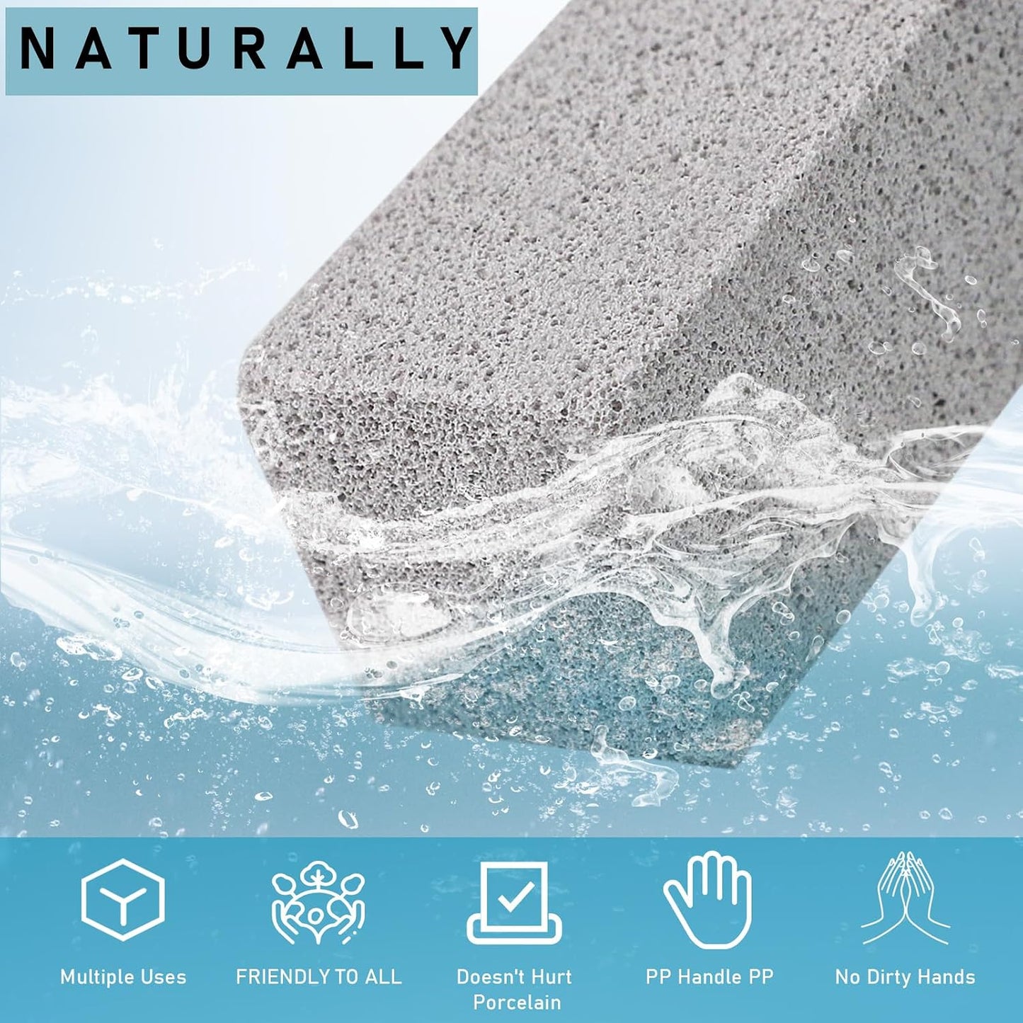Pumice Cleaning Stone, 2 Pack Toilet Bowl Cleaner Toilet Brush, Gray | Non-Slip Long Plastic Handle, for Kitchen, Bath, Pool, Household Cleaning