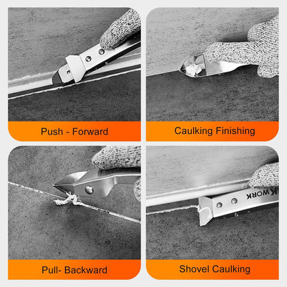 4 in 1 Silicone Caulking Tool Kit, Stainless Steel Caulk Remover Tool | Durable Construction, Quick & Easy to Use, 5 Replaceable Silicone Pads, Protective Gloves, Remove, Apply & Finish Caulk
