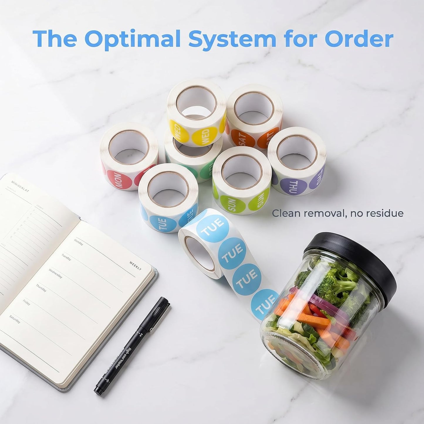 Day of the Week Sticker Labels, 1" Round, 7 Rolls, 500 per Roll | Color-Coded Dot, Removable Self Adhesive, For Food Containers