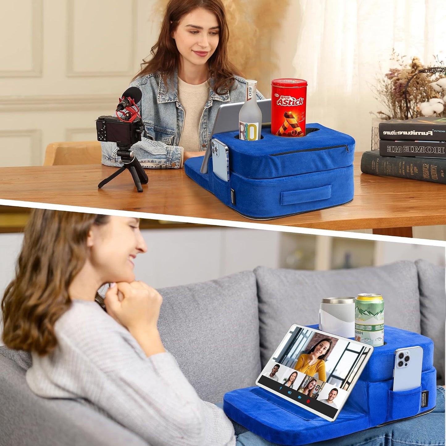 Couch Cup Holder Tray Pillow - Bed, Couch Caddy, Sofa, RV & Car - Holds Drinks, Snacks, Remotes, Phones, Kindle, Tablet | Bed Cup Holder (Grey)