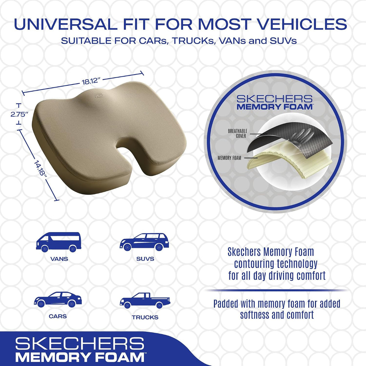 Skechers Memory Foam Seat Cushion,Office Chair Cushion for Tailbone Pain Relief,Butt Pillow for Office Chair,Car seat Cushion,Computer Desk,Long Sitting Office Workers,and Car Drivers,Black