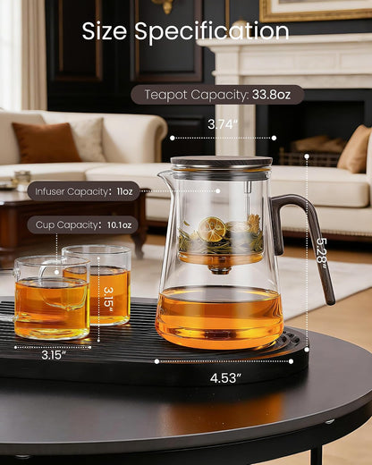 ZENS Magnetic Glass Infuser Teapot for Loose Tea, 27oz Walnut Wood Handle | Magic Teapot with Infuser, Echanted Tea Maker, Mess-Free Loose Leaf Tea Diffusers for Tea lover Gifts