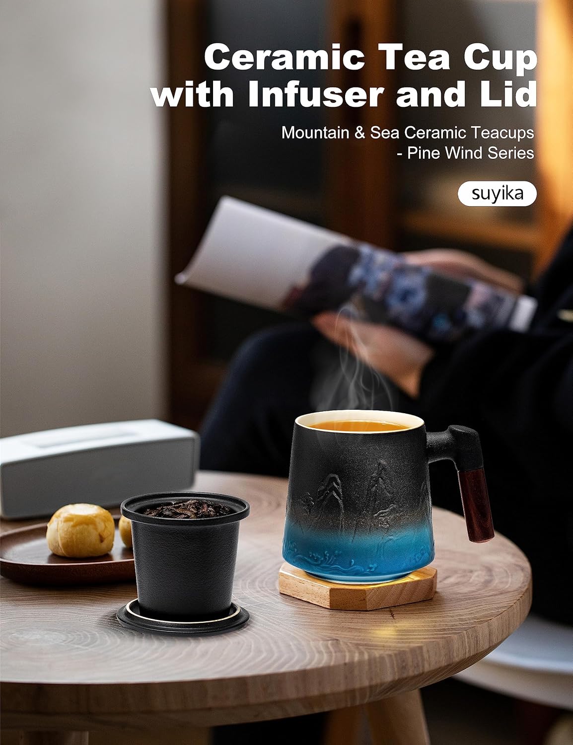 suyika Tea Cup with Infuser and Lid, 15.2 Ounce Wood Handle Ceramic Loose Leaf Mug Gradient Black&Green 450ml