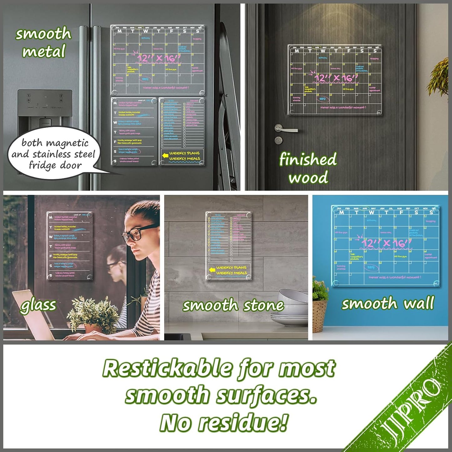 JJPRO Non-Magnetic Dry Erase Monthly Calendar, Clear Weekly Meal Board for Fridge -Starts Sunday,12"x16" Reusable Weekly Planner Stick to Fridge,Wall, All Smooth Surfaces