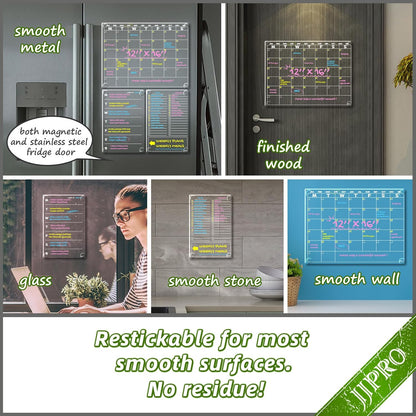 JJPRO Non-Magnetic Dry Erase Monthly Calendar, Clear Weekly Meal Board for Fridge -Starts Sunday,12"x16" Reusable Weekly Planner Stick to Fridge,Wall, All Smooth Surfaces