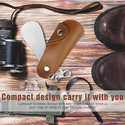 Metal Shoe Horn with Holster, 1 Pc Foldable Shoe Horn with Keychain, Travel Mini Stainless Steel Shoe Spoon