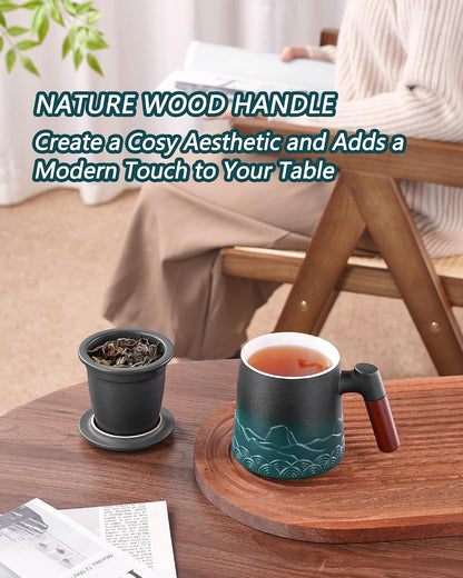 ZENS Tea Mug with Infuser and Lid for Loose Leaf Tea Steeper, 16.9oz Moss | Embossed Ceramic Tea Cup with Infuser for Herbal Tea Difussers, Tea Lovers Gifts, Nature Wood Handle