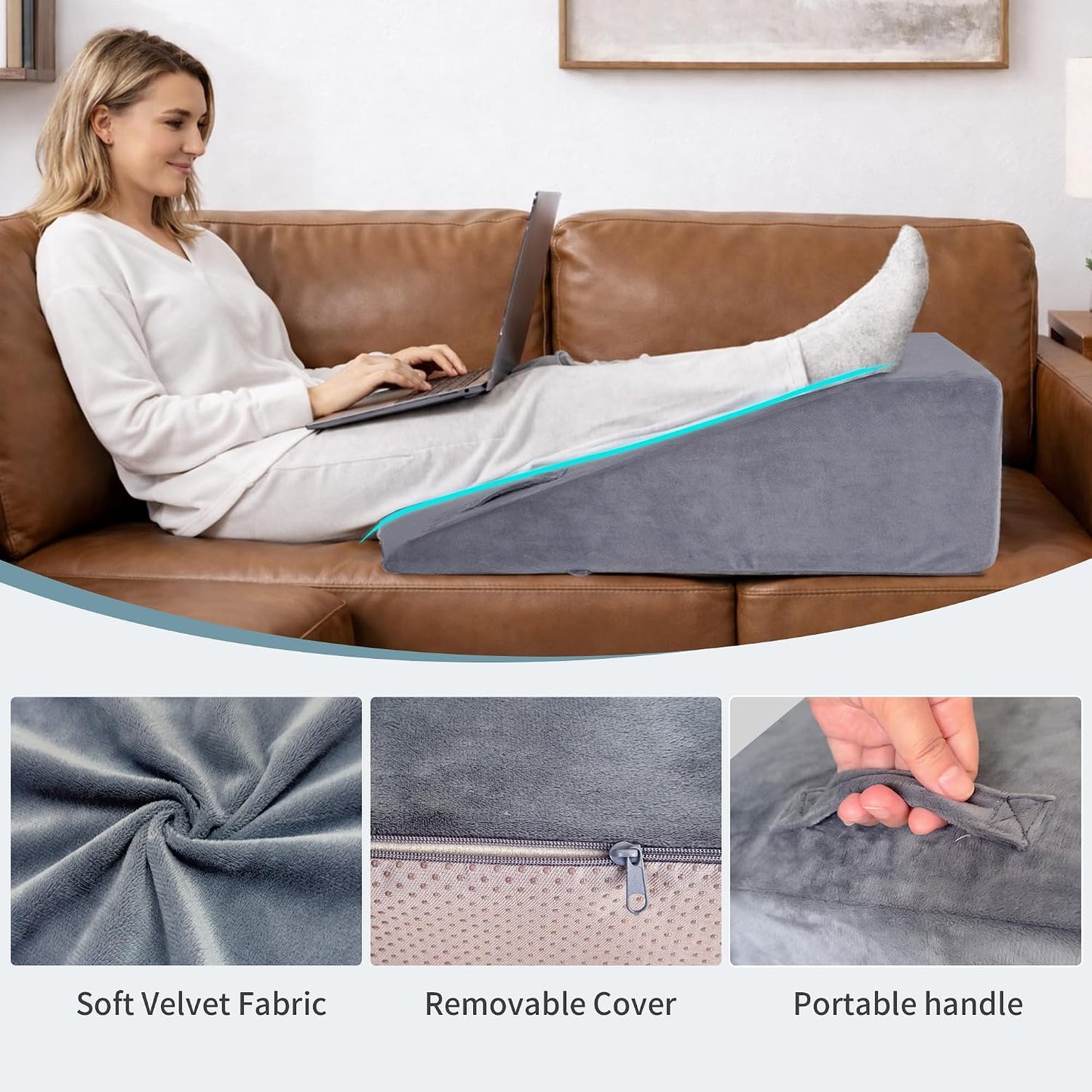 Leg Elevation Pillow for After Surgery, Knee Recovery & Leg Wedge Support | Long Incline Full Leg Support with Soft Crystal Velvet Cover, High Density Foam for Recovery and Rest