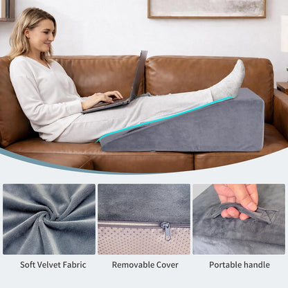 Leg Elevation Pillow for After Surgery, Knee Recovery & Leg Wedge Support | Long Incline Full Leg Support with Soft Crystal Velvet Cover, High Density Foam for Recovery and Rest