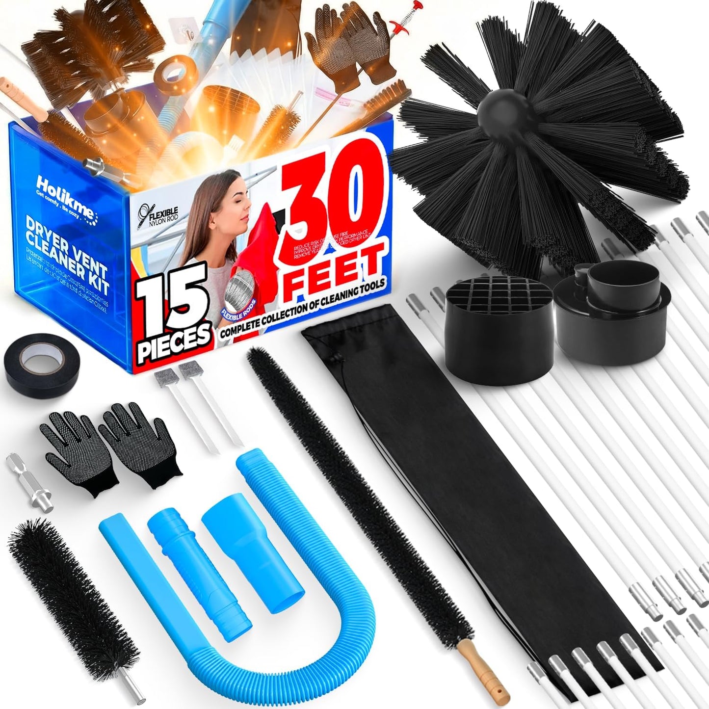 Holikme 35FT Dryer Vent Cleaner Kit 58Pcs - Lint Remover Brush Vacuum Tools | Dryer Vent Brush Kit, Omnidirectional Lint Vacuum Attachment & Lint Trap Brush Clean Hard-to-Reach Areas, Remove Hidden Lint