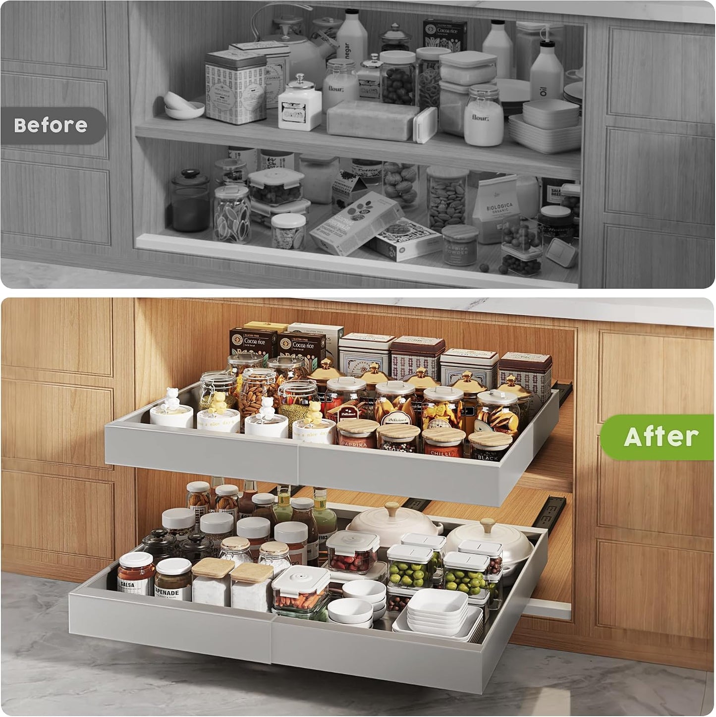 Seinloes 2 Pack Pull Out Cabinet Organizers 21"Deep with Raising Pad for Framed Cabinets,Expandable Slide Out Drawers Upgrade 3 Slide Rails,Roll Out Shelves Adhesive,Adjustable Width 12"-20.45" White