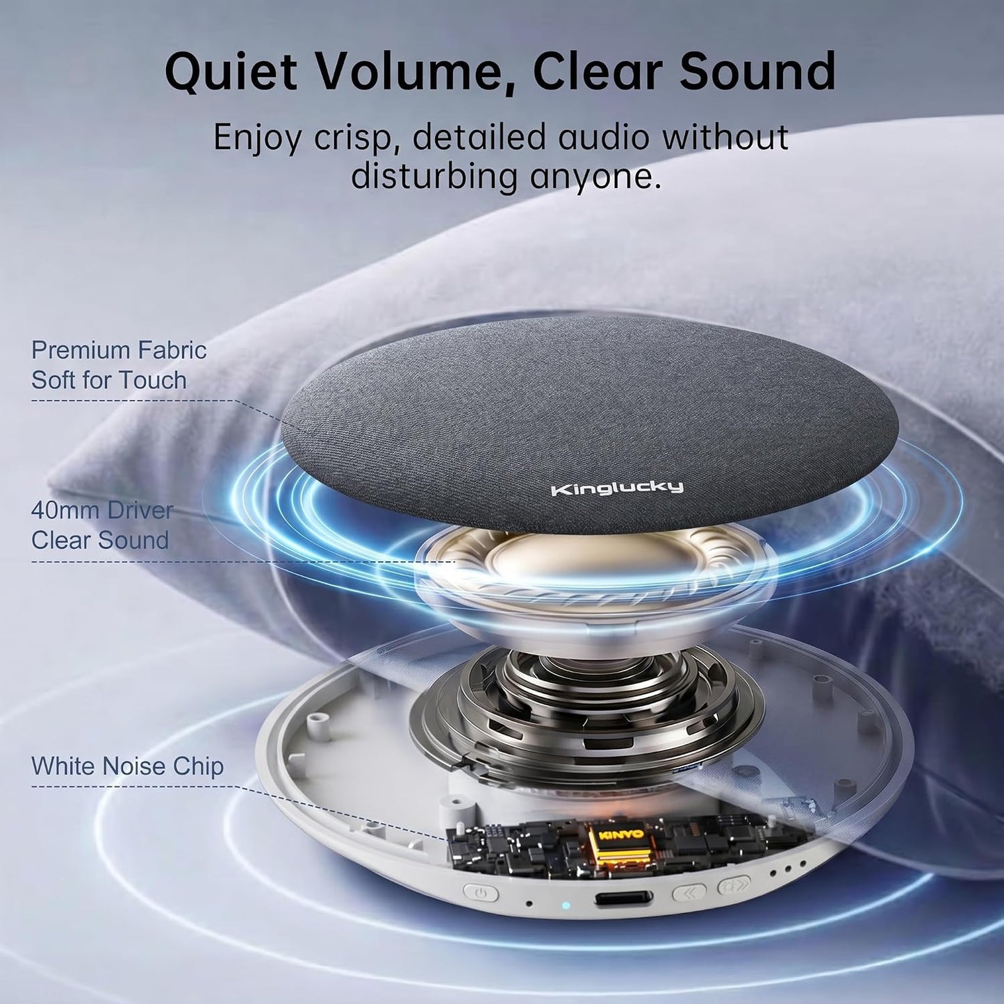 Kinglucky Pillow Speaker for Sleeping, Built-in White Noise Ultra-Thin Bluetooth 6.0 Under Pillow Speaker for Side Sleepers,Auto Shut-Off, Rechargeable Portable for Travel, Couples Shared Bed, Blue