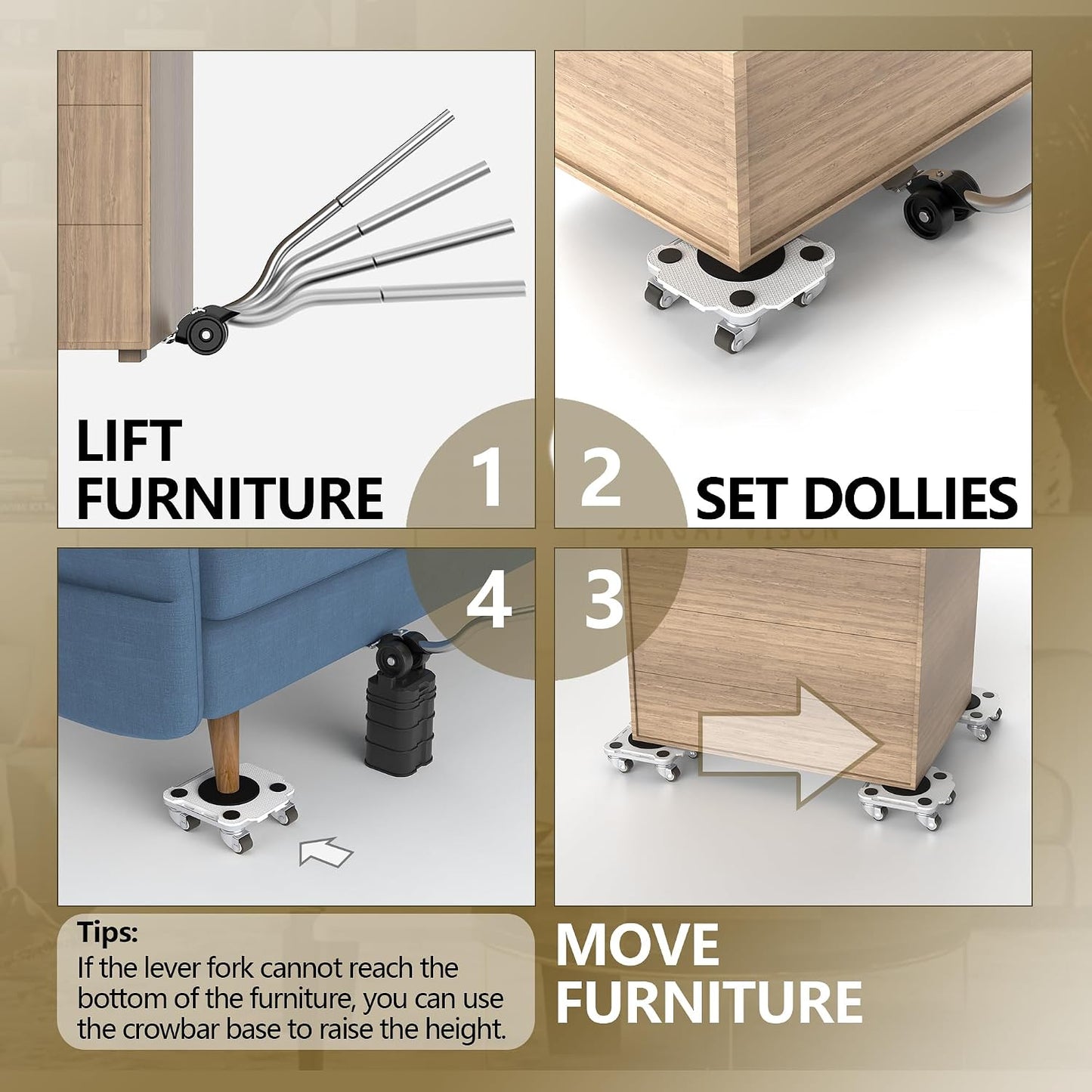 ONEON Furniture Mover with Wheels, 360° Rotation Wheels Furniture Dolly for Moving Heavy Furniture, Appliances, 660 LB Max Load Capacity with Auxiliary Lifter - Connect Dolly