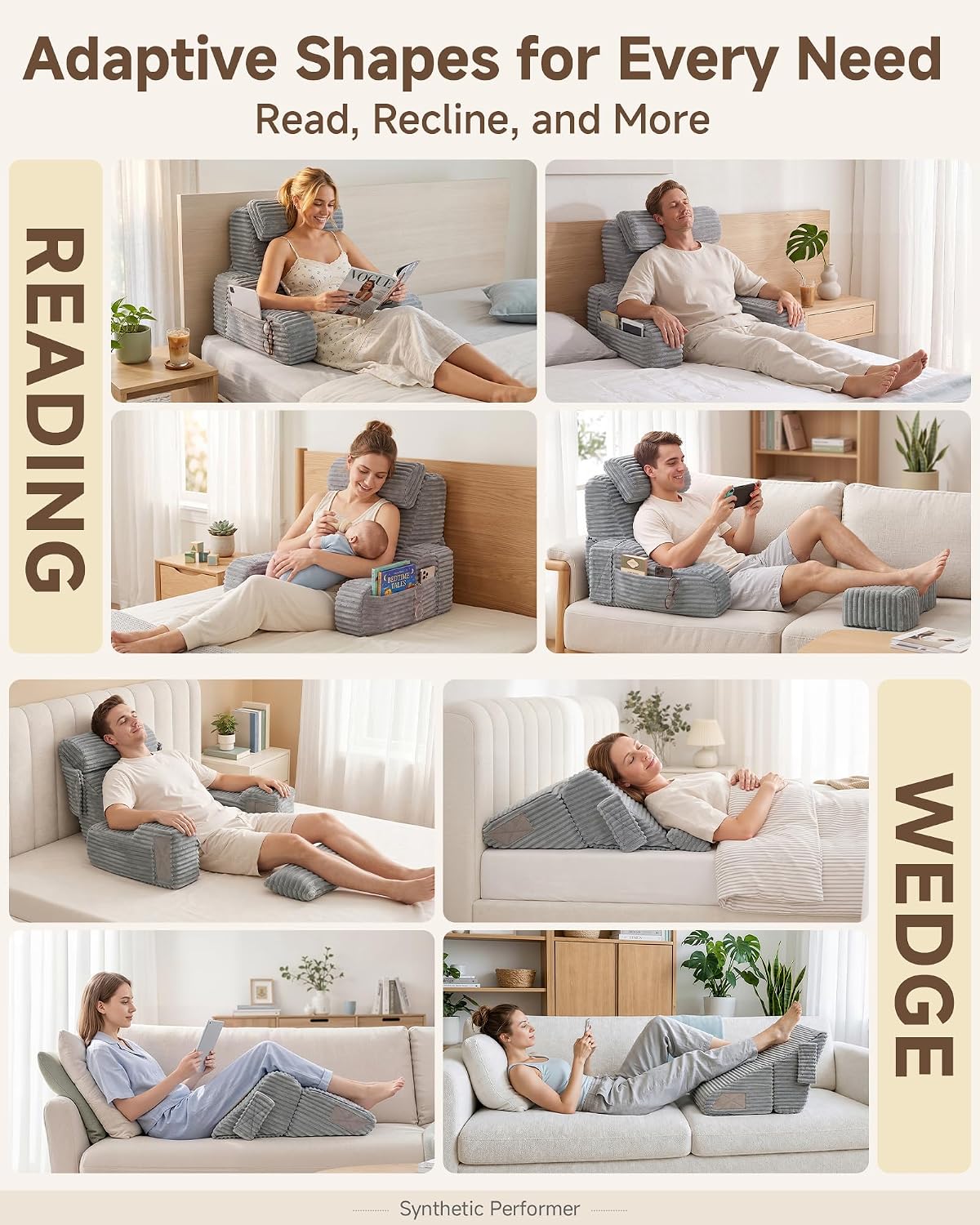 Foldable 5PCS Reading Pillow for Bed, Grey, 19”