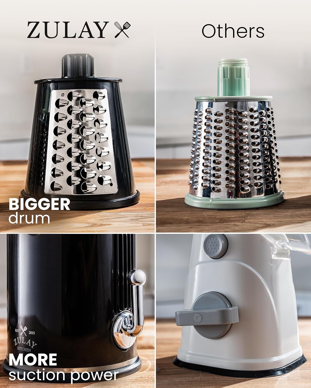 Zulay Kitchen Rotary Cheese Grater 5 Blade Cheese Shredder - Manual Hand Crank Cheese Grater With Reinforced Suction & 5 Interchangeable Drums - Easy to Use, Vegetable Chopper Round Mandoline Slicer - Colors B