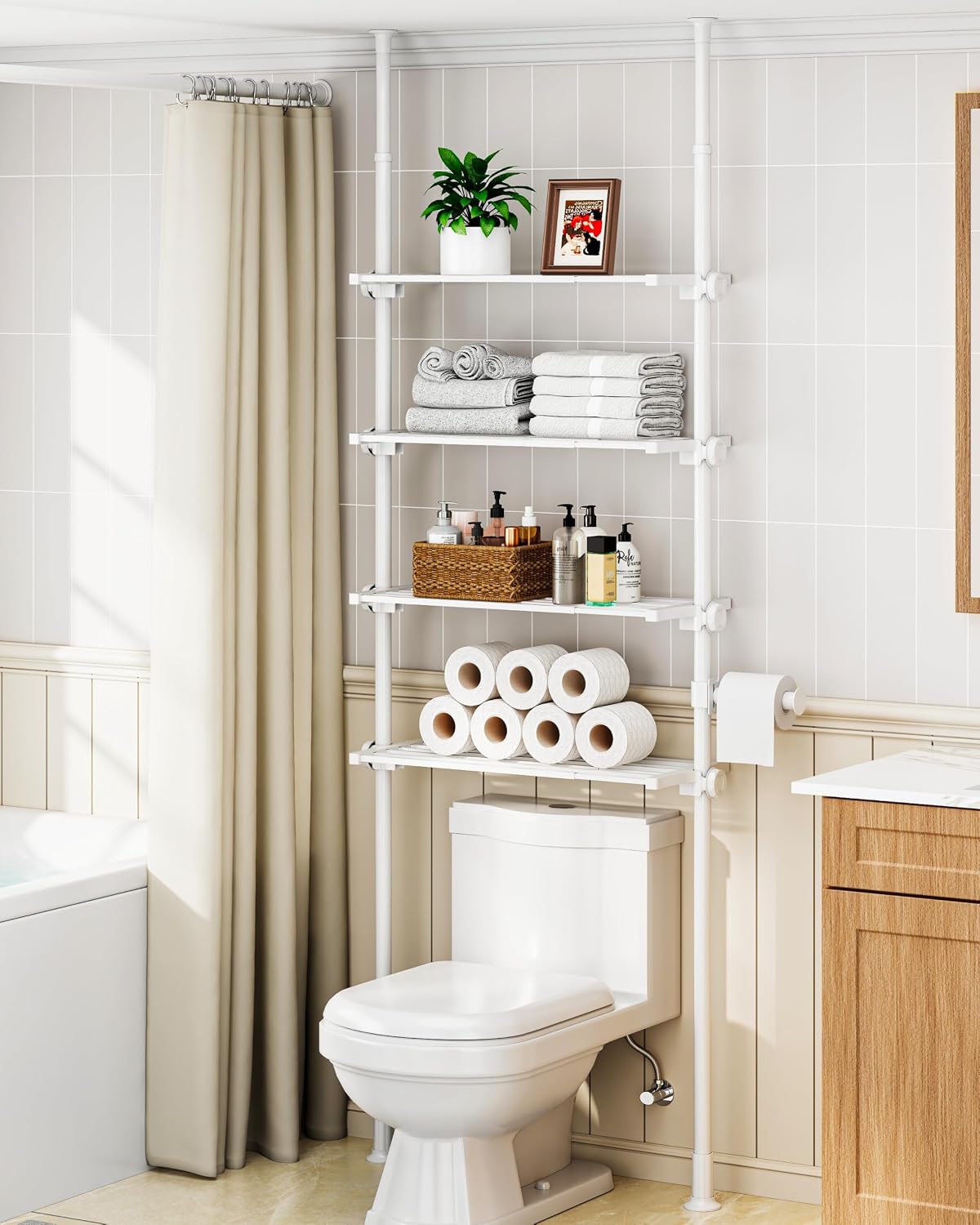 ALLZONE Adjustable Over The Toilet Storage Shelf, 4-Tier Ample Bathroom Organizer and Storage, Tension Mounted Above Toilet Storages Cabinet for Versatility, Fits 66-113 Inch Heights, Black