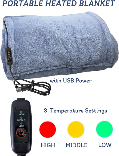 USB Heated Blanket, Heating Lap Blanket Throw, Wearable Soft Outdoor Cozy Travel Throw for Stadiums, Picnics, Travel, Camping, Hiking, and Wheelchair Use, Light Blue