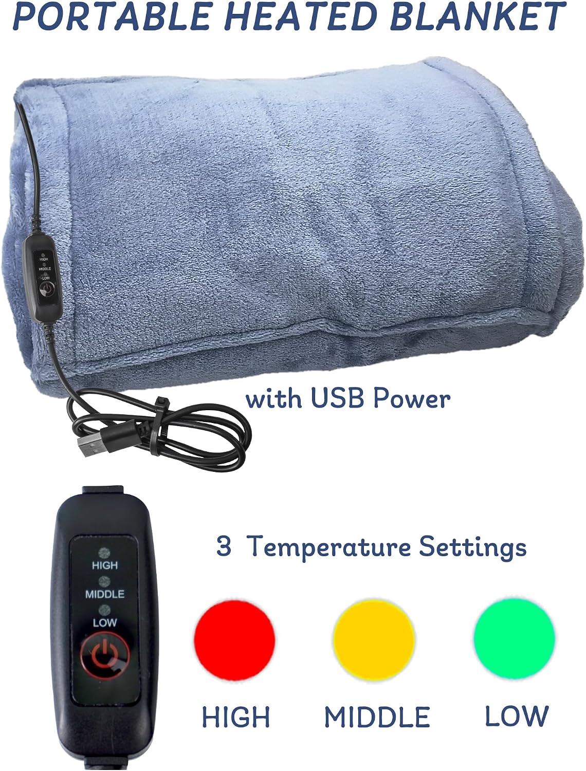 USB Heated Blanket, Heating Lap Blanket Throw, Wearable Soft Outdoor Cozy Travel Throw for Stadiums, Picnics, Travel, Camping, Hiking, and Wheelchair Use, Light Blue
