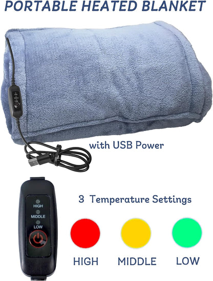 USB Heated Blanket, Heating Lap Blanket Throw, Wearable Soft Outdoor Cozy Travel Throw for Stadiums, Picnics, Travel, Camping, Hiking, and Wheelchair Use, Light Blue