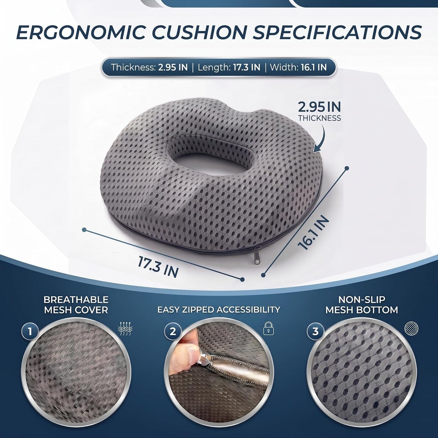 Circular Memory Foam Seat Cushion, Tailbone Pressure Relief Pillow for Office Chair Car Wheelchair, Breathable Mesh Comfort Pad for Daily Sitting Support (Black)