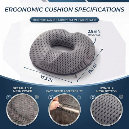 Circular Memory Foam Seat Cushion, Tailbone Pressure Relief Pillow for Office Chair Car Wheelchair, Breathable Mesh Comfort Pad for Daily Sitting Support (Black)
