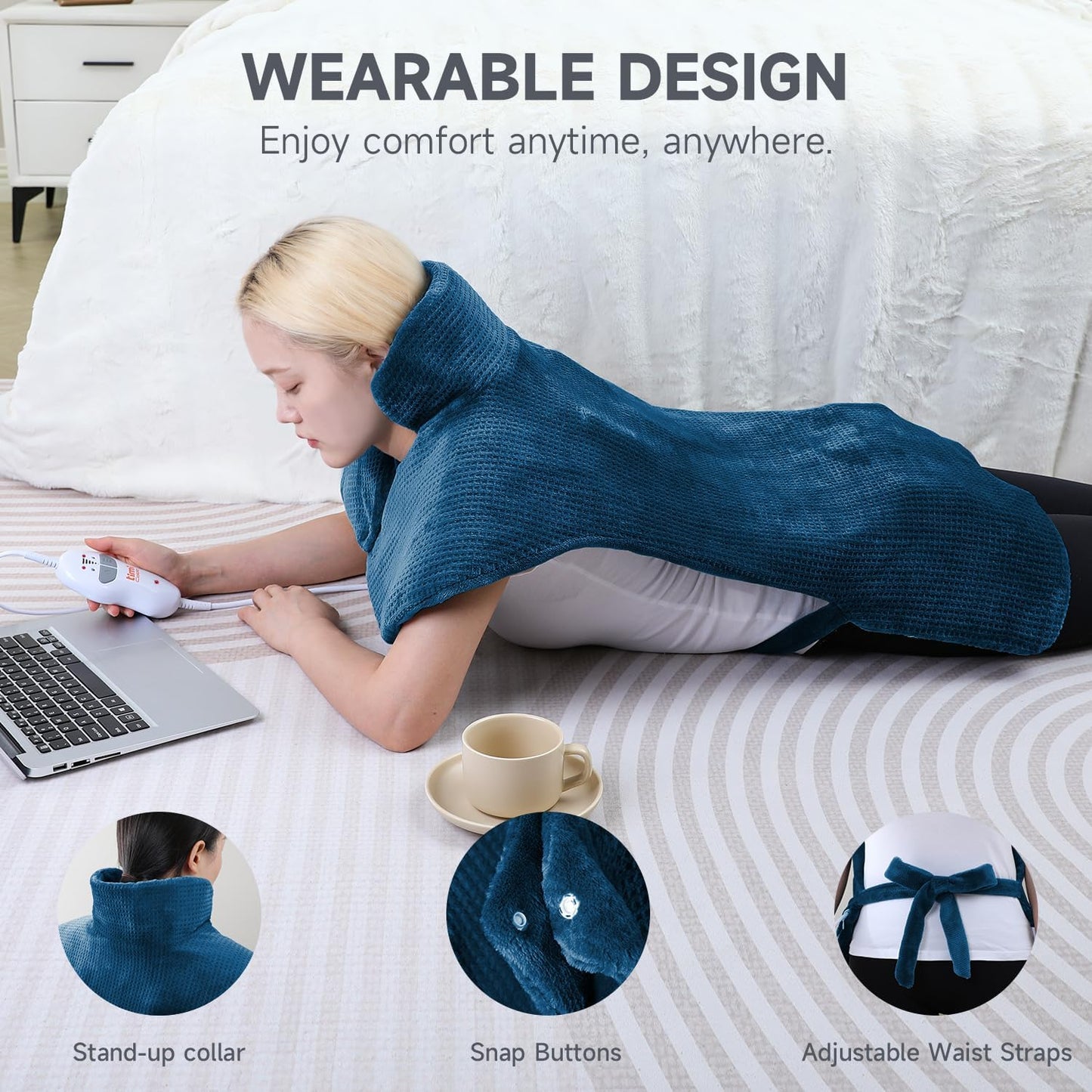 Heating pad for Neck - Wearable Electric Heating Pads for Back, Shoulder and Waist, Large Heat Pad with 4 Massage Modes & 2 Heat Levels, 24"x35", 4 Motor, Gray