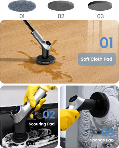Electric Spin Scrubber, IPX7 Waterproof Shower Scrubber with 7 Brush Heads | 2.5N·m Torque Power Scrubber for Bathroom Grout Tile Bathtub Cleaning, Cordless with LED Display & Extendable Handle