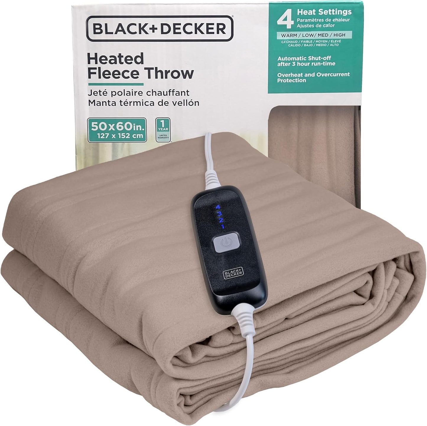 Black+Decker Heated Blanket Electric Throw, Fleece Electric Blanket, Heating Blanket with 4 Heating Levels, 3H Timer, Auto Shutoff, Fast Heating (50x60 inches, Grey)