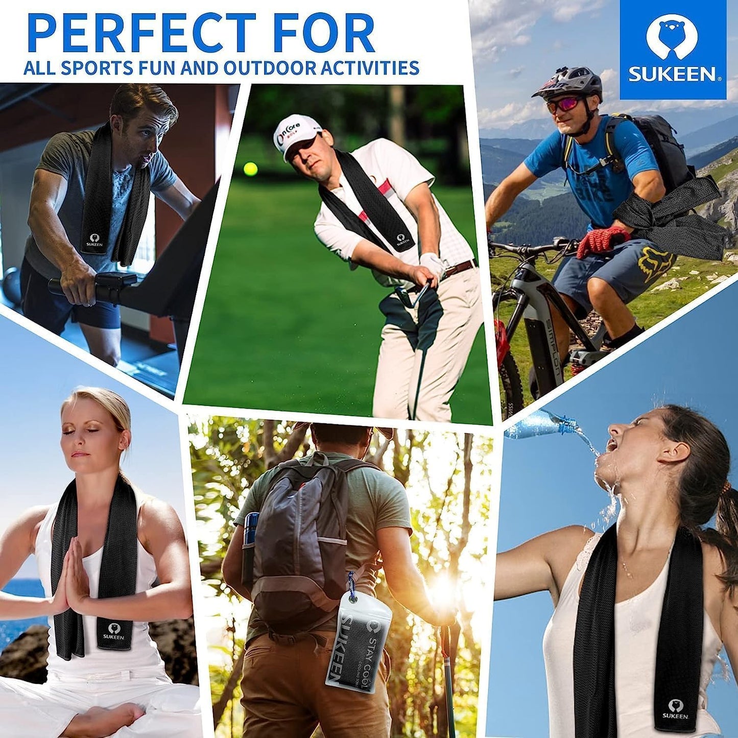 Sukeen Cooling Towels 6 Pack (40"x12"), Cooling Neck Wraps, Ice Towels, Microfiber Breathable Cooling Towel for Hot Weather, Sweat Towel for Gym, Sport, Running, Golf, Workout, Camping, Fitness