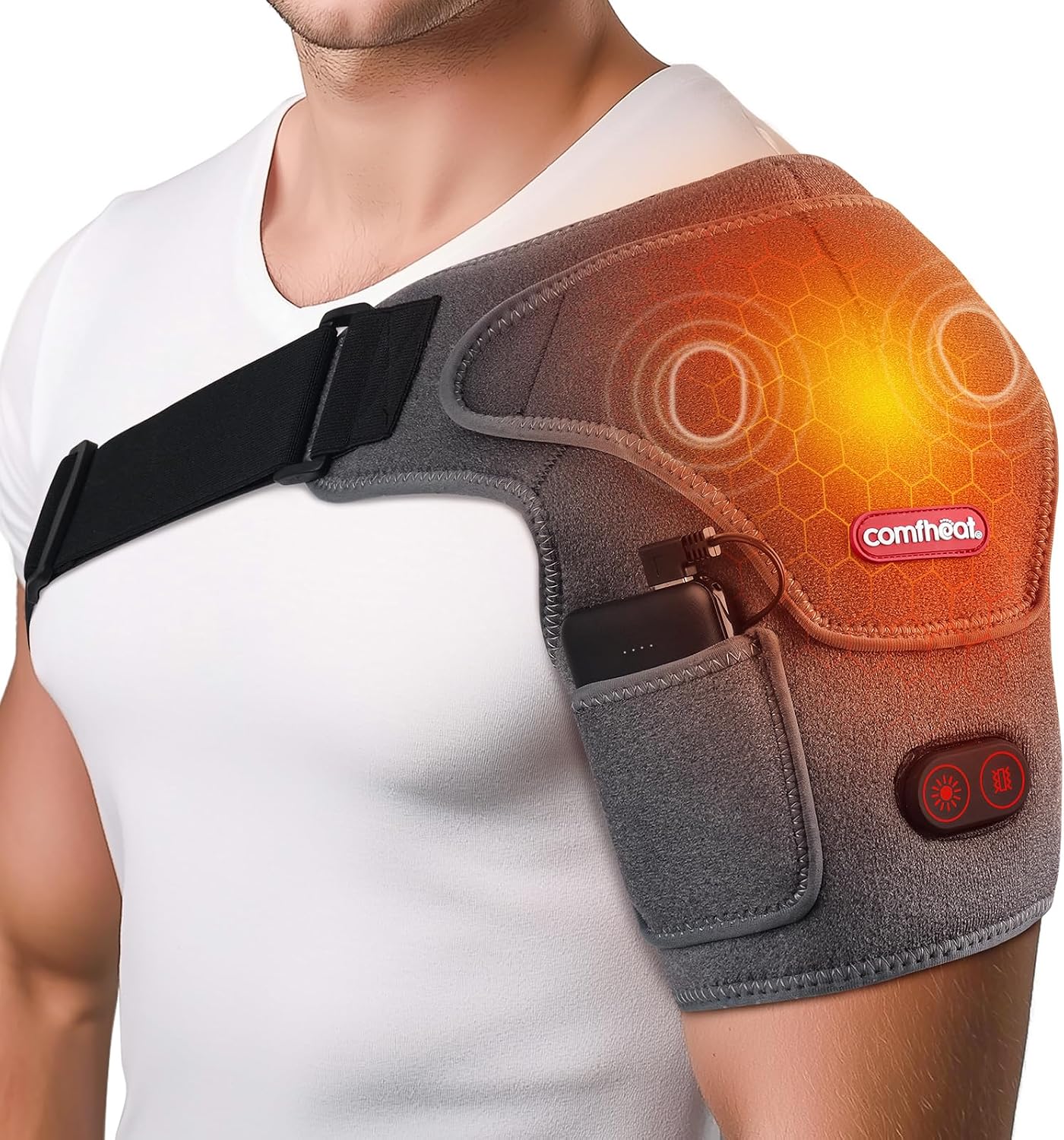 Cordless Shoulder Heating Pad with Massager for Pain Relief | Rotator Cuff Frozen Shoulder Brace Vibration Heated Shoulder Wrap, 5000mAh Battery Powered 1-3H Hot Compress for Men & Women
