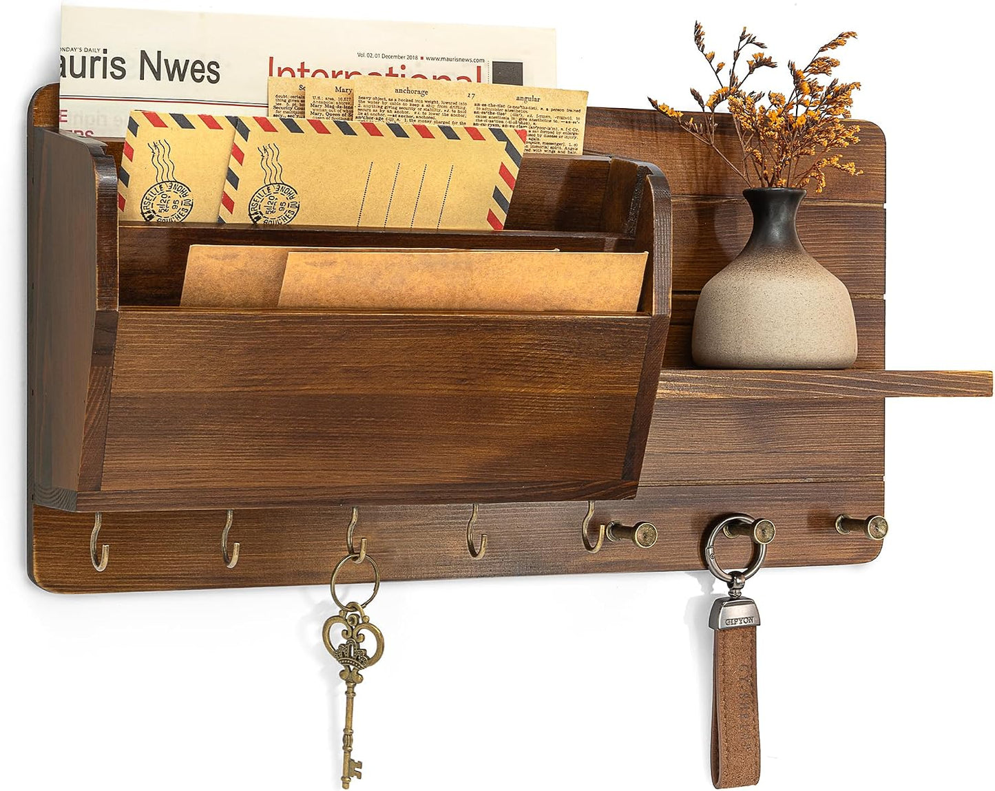 Rebee Vision Pine Wood Key Holder Wall Mount with Mail Sorter, Light Brown | Display Shelf, 8 Key Hooks, 3 Mail Sorters, Mail Organizer for Letters, Papers, Key Holder for Wall, Keep Entryways Tidy