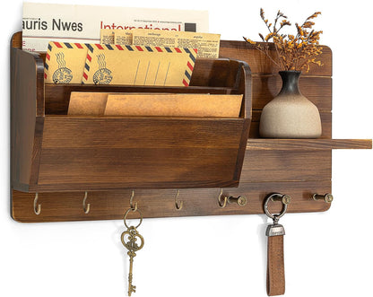 Rebee Vision Pine Wood Key Holder Wall Mount with Mail Sorter, Light Brown | Display Shelf, 8 Key Hooks, 3 Mail Sorters, Mail Organizer for Letters, Papers, Key Holder for Wall, Keep Entryways Tidy