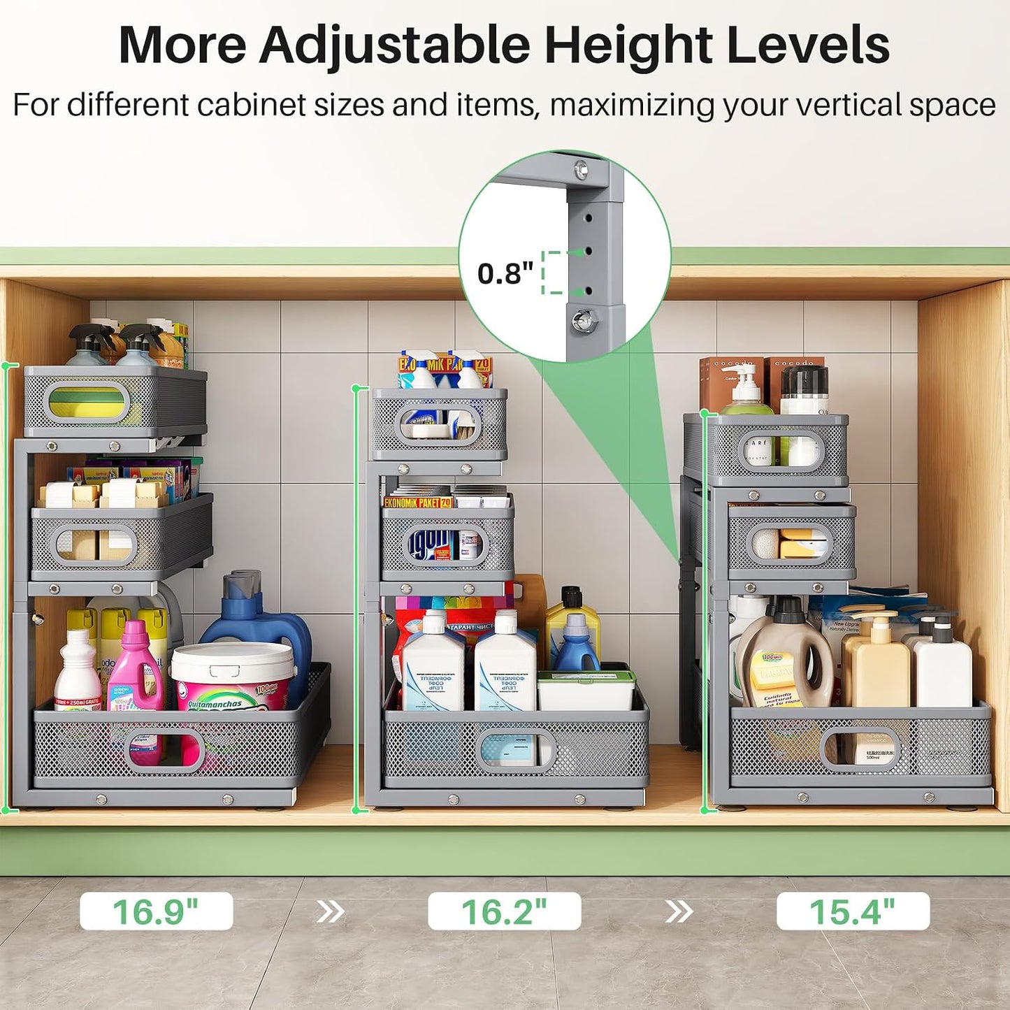 Kitstorack Under Sink Organizer, 2-Pack 3-Tier Height Adjustable Thickened Metal Pull out Cabinet Organizer Shelf, Slide out Storage Drawer Rack for Bathroom Kitchen Pantry Home Laundry Organization