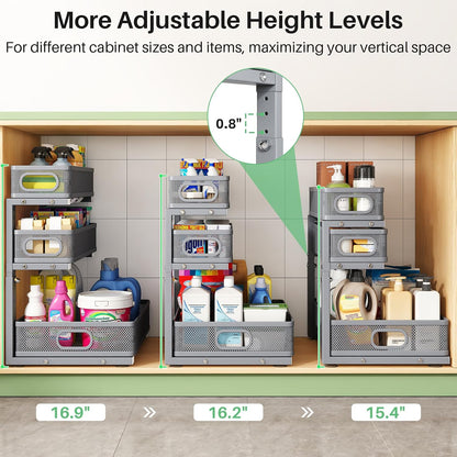 Kitstorack Under Sink Organizer, 2-Pack 3-Tier Height Adjustable Thickened Metal Pull out Cabinet Organizer Shelf, Slide out Storage Drawer Rack for Bathroom Kitchen Pantry Home Laundry Organization