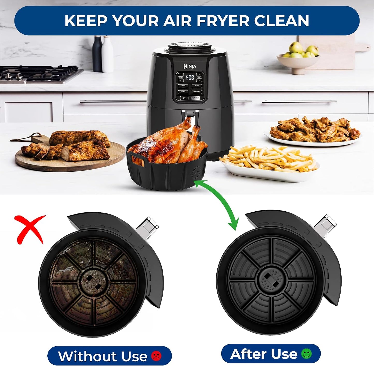 Premium 2 Pcs Silicone Liners for Ninja 4 QT AF101 | Strong and Long‑lasting 0.1inch Thickness | 0.3inch high Silicone Lines on Base for AirFlow | Specially Designed for Circular AF101 Air Fryer