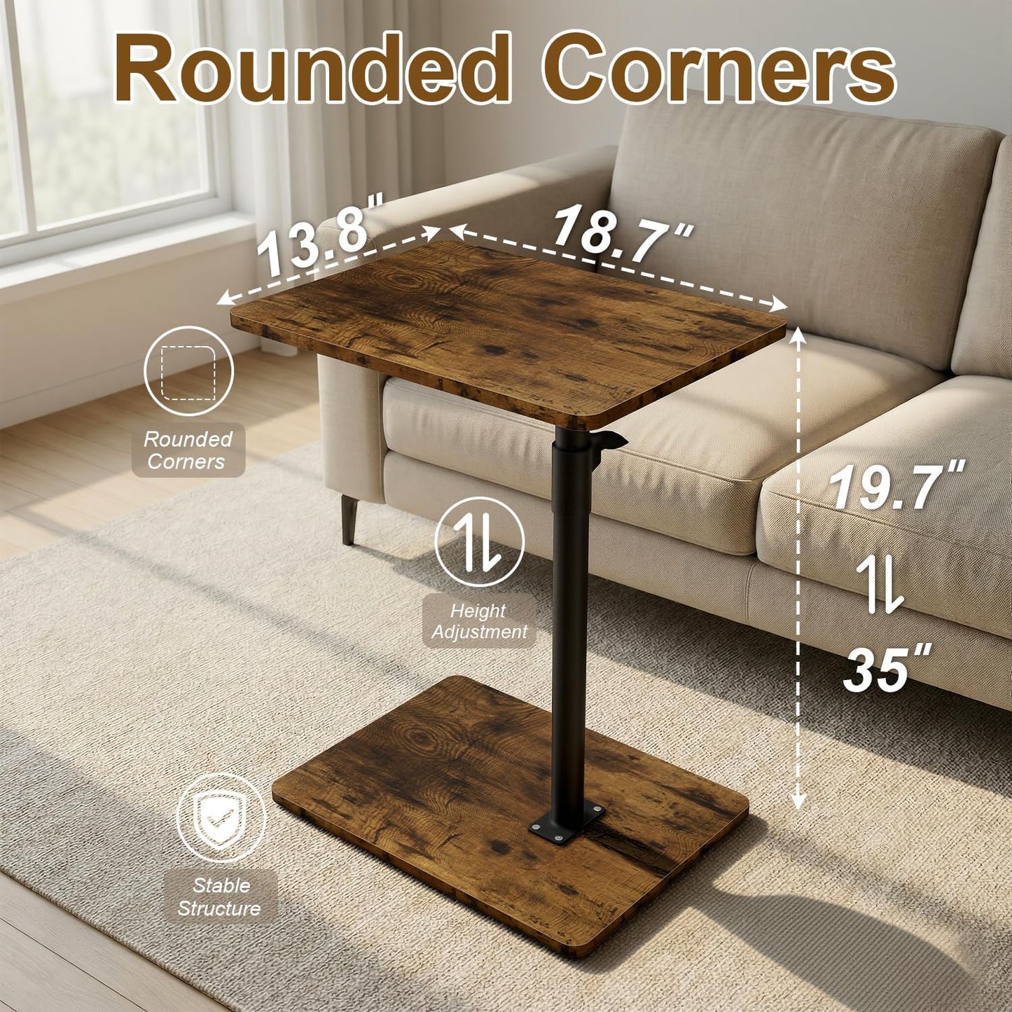 YUHFERA Sofa Armrest Tray Table for Couch - 360° Swivel Height Adjustable End for Small Spaces, Snack Side Table for Bed or Chair with Phone & Tablet Slot (Rustic,Standard)