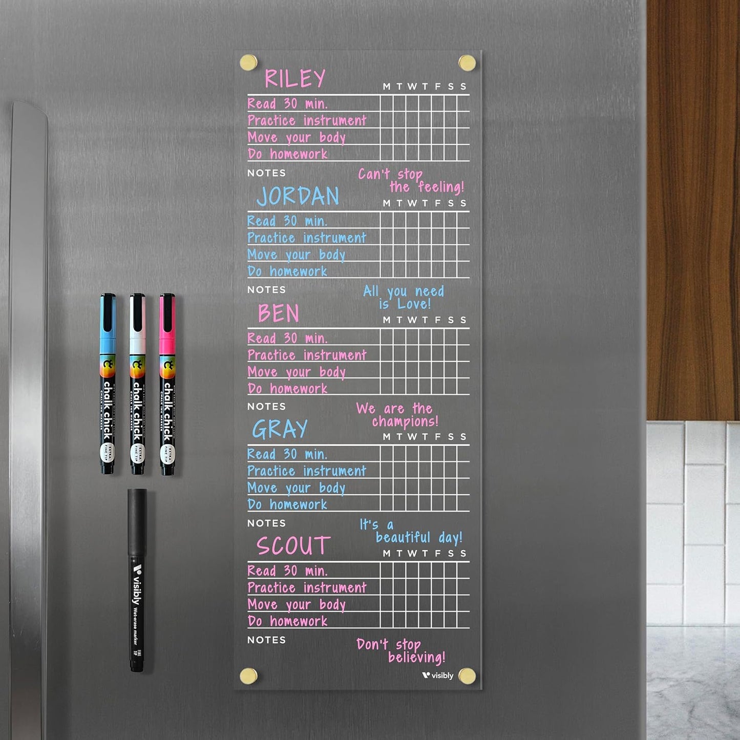 Magnetic Acrylic Chore Chart for Fridge - 7” x 18” Wet-Erase Task Board with 4 Magnetic Markers, Clear Reusable Refrigerator Organizer with Black Magnets
