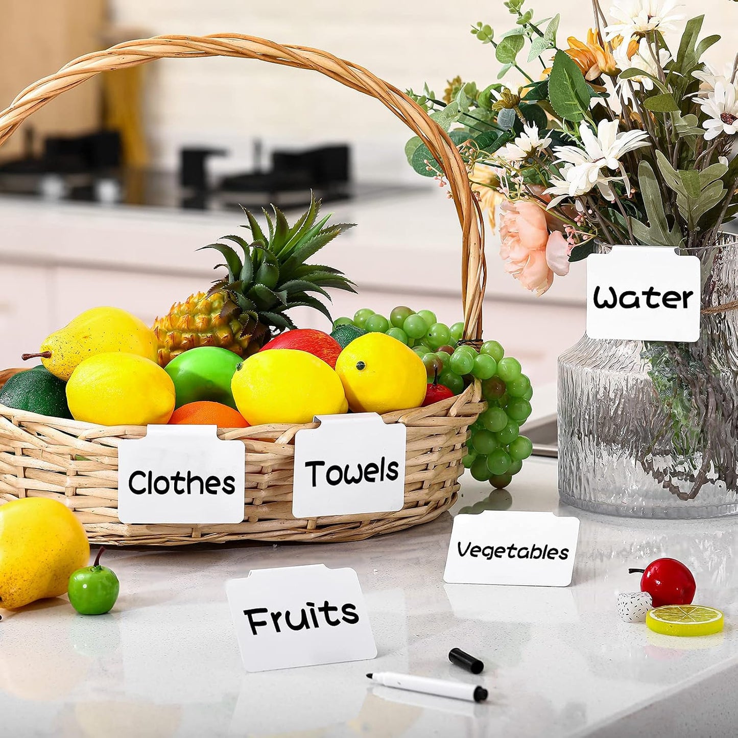 18 Pcs White Basket Labels Clip on, Removable Hanging Bin Labels for Storage Bin with Chalk Markers for Basket Kitchen Pantry