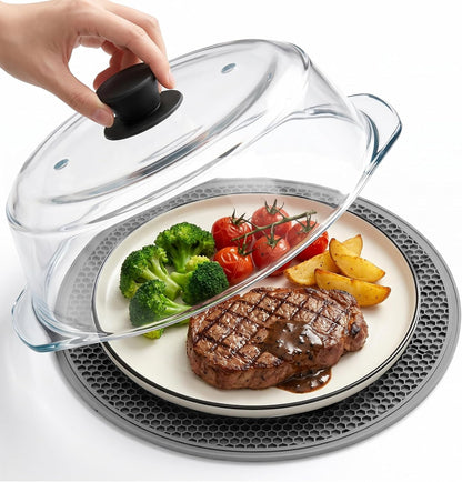 2 in 1 Glass Microwave Splatter Cover,Glass Microwave Cover,10 In | Glass microwave cover for food with vent holes,Easy-grip silicone knob,Doubles as a microwave mat,No plastic