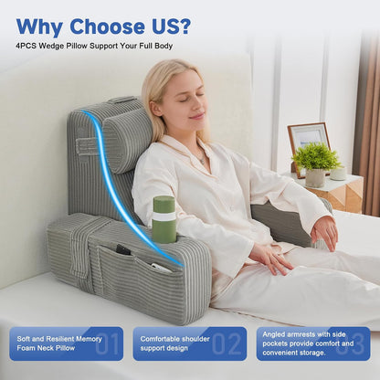 Reading Pillow for Sitting in Bed Adult, Back Pillow for Bed Sitting up with Arms, Pockets and Cup holder, Sit Up Backrest Pillows for Beds Chair Support, Rest Pillow for Gaming (Light gray)