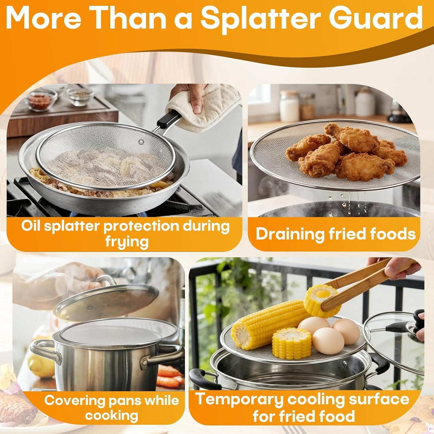 8'' Splatter Screen for Frying Pan,Stainless Steel Grease Splatter Guard | with Fine Mesh and Heat-Resistant Handle, Kitchen Oil Splash Guard for Cooking and Frying