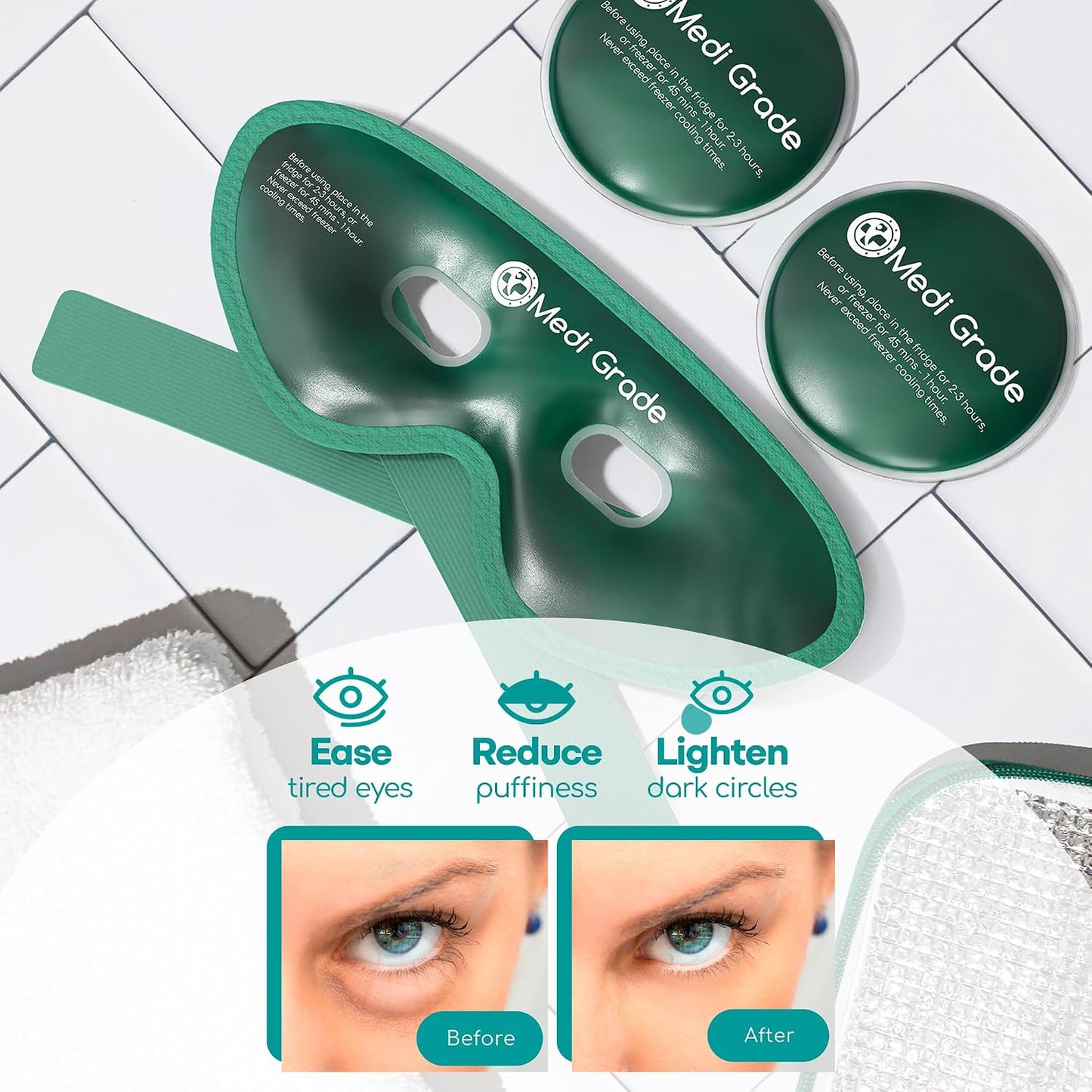 Medi Grade Cooling Eye Mask for Dark Circles and Puffiness, 2 Gel Eye Pads | Reusable cold eye mask and ice pack for eyes, gel eye pads with thermo bag and adjustable strap, for skincare routines