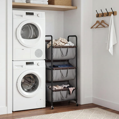GRANNY SAYS 3 Tiered Laundry Sorter, Narrow Hamper Cart with Wheels | Sturdy 3 Section Laundry Basket with Wheels, Vertical Beige Hamper Cart for Bedroom, Bathroom, Apartment
